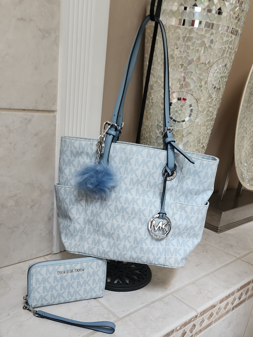 💙 MICHAEL KORS BLUE Signature TOTE PURSE, WALLET, & KEY CHARM 💙